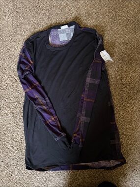 LuLaRoe Black Long Sleeve Top with Purple Plaid Accents
